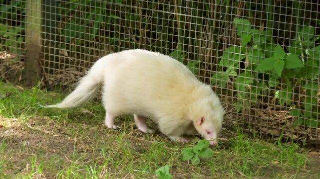 An albino white skunk moves low to the ground and sniffs soil and grass near a wire enclosure. 4K slow motion footage