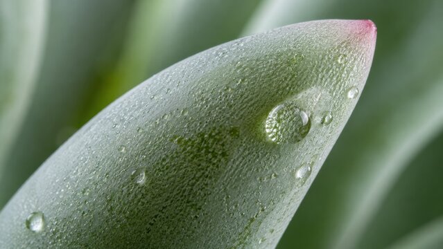 Extreme Close Up of Succulent Leaf with Water Droplets. Concept of water drops, macro nature, dew drop, plant texture. Copy space.