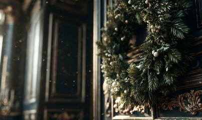 Fototapeta premium Christmas wreath with green pine branches and white berries hanging on an elegant dark door, celebrating the festive season