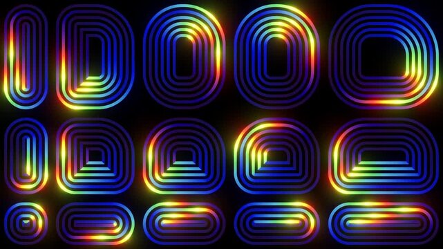 Neon rainbow grid seamless loop. Spectral striped circuits abstract background. Hypnotic motion design.