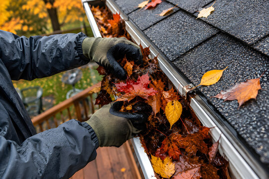 Roof Gutter Cleaning and Leaf Removal by Worker for Home Maintenance Seasonal Repair and Drainage Care