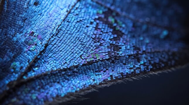 Macro Photography of Blue Morpho Butterfly Wing Scales Texture. Concept of iridescent background, blue pattern, scale texture.