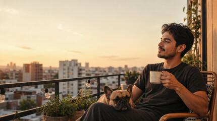 Fototapeta premium Man with french bulldog on balcony at sunset