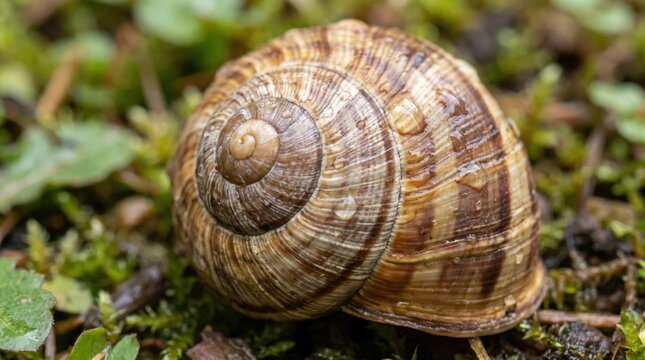 Snail Shell Close Up with Water Drops in Nature. Concept of seashell spiral, macro nature.