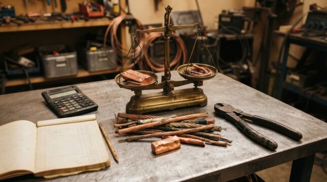 Copper cathodes, scrap cable, brass scale, calculator, ledger pad, and wire cutters on a steel workbench for metals trading and recycling