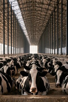 Advanced modern high tech dairy cow stable interior with automated agriculture feeding lines and eco friendly facility architecture