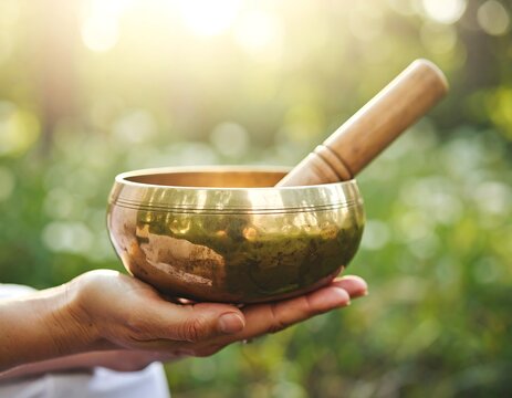 Hand holding a singing bowl during meditation in nature at sunset hours for inner focus and relaxation