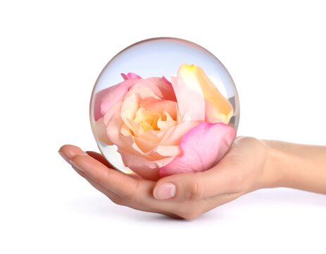 Hand holding a crystal sphere with a rose inside during a meditation session