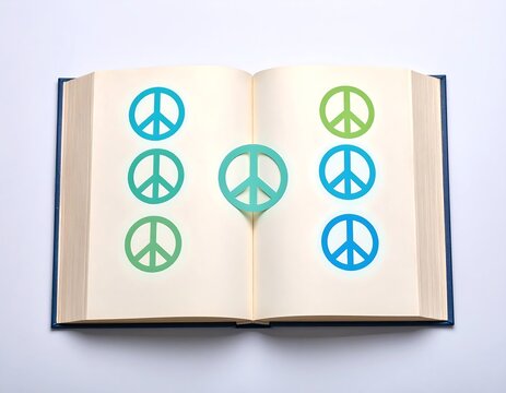 Meditation for peace shown with symbols in open book on flat surface