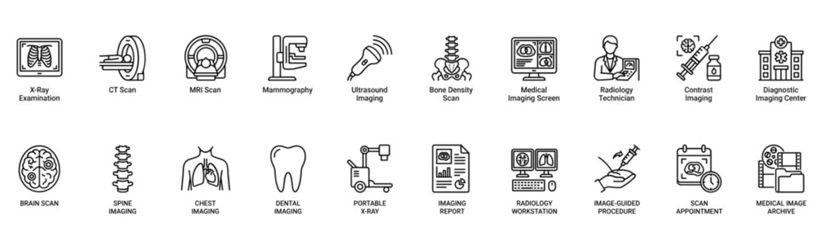 Medical imaging line icon set with X-ray, MRI scan, CT scan and radiology equipment symbols for healthcare design