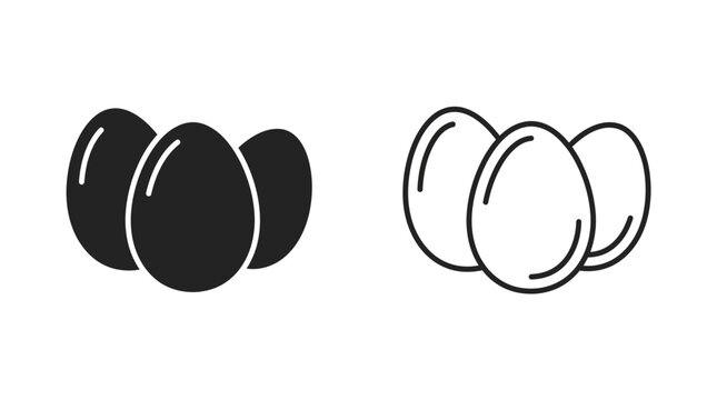 Minimalist vector illustration of three organic eggs displayed in solid black and thin outline styles