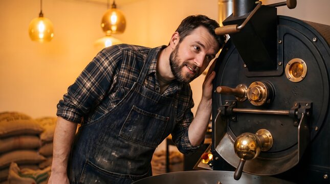 Artisan roaster inspecting coffee machine in factory