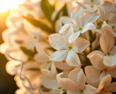 Petites fleurs blanches en &eacute;toile group&eacute;es en grappe dense, captur&eacute;es en macro avec des d&eacute;tails d&eacute;licats de leurs p&eacute;tales fins, &eacute;voquant la puret&eacute; et la fra&icirc;cheur du jasmin ou d'une fleur de printemps