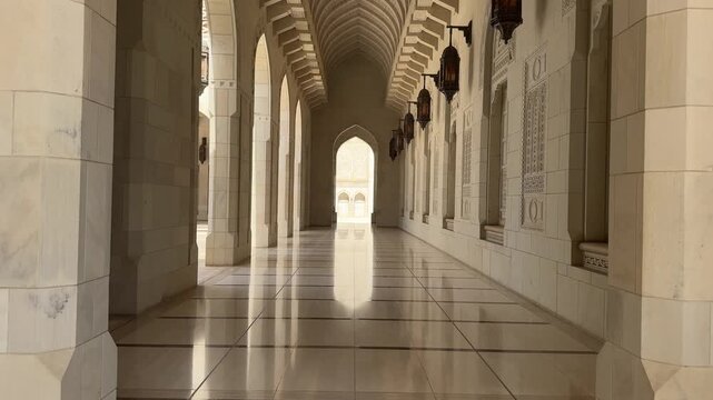 Symmetrical arched corridor inside Sultan Qaboos Grand Mosque in Muscat Oman