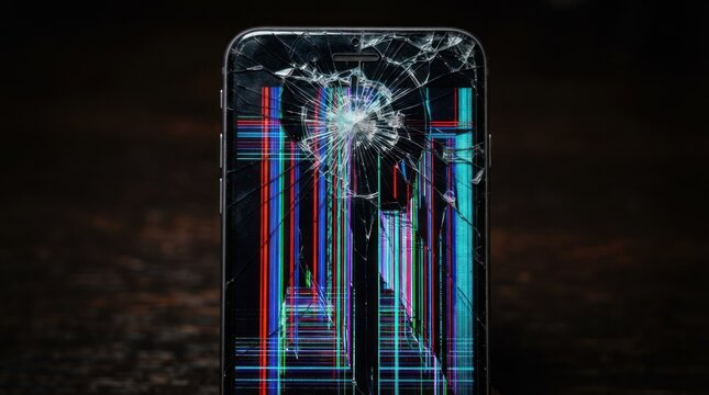 Broken smartphone screen with colorful digital glitches.