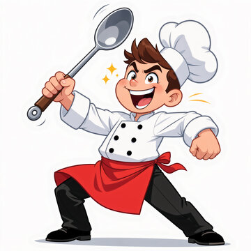 Crazy junior chef with giant spoon grins wildly on white background, exuding enthusiasm and energy.