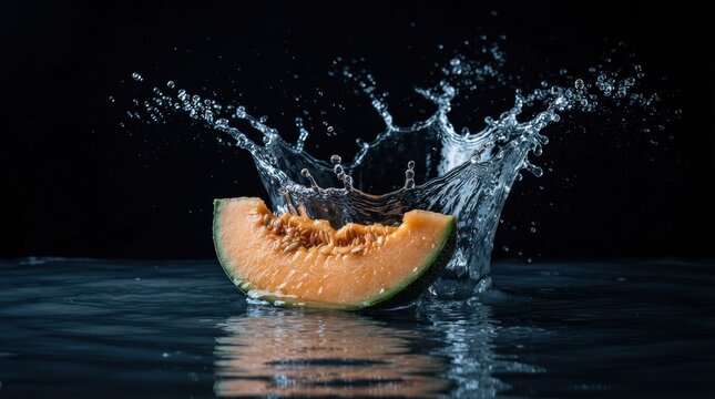 Cantaloupe wedge splashing on water surface with reflections.