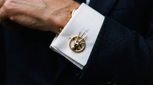 Circular gold antelope cufflink on formal white shirt