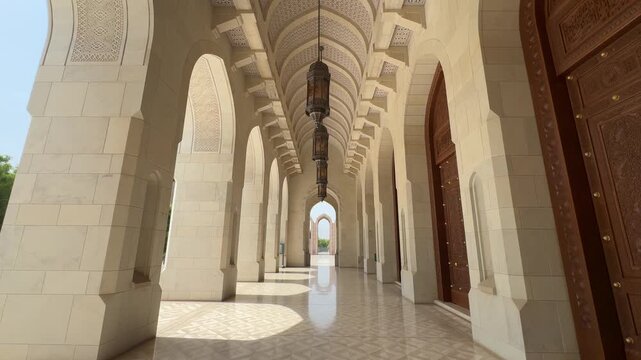 Symmetrical stone archways and elegant corridor inside Sultan Qaboos Grand Mosque in Muscat Oman
