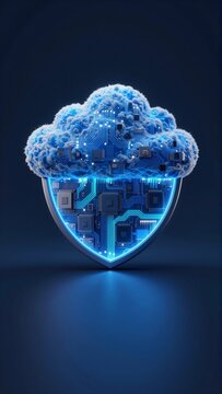 digital illustration cloud computing concept cloud shape shield blue background shield circuit board like pattern small squares rectangles scattered throughout circuit board glowing blue giving