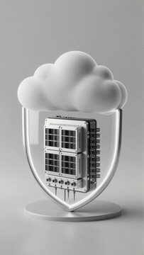 black white photograph cloud shaped object white pedestal cloud two large white clouds connected thin metal frame frame curved has small rectangular base inside frame small electronic device multiple