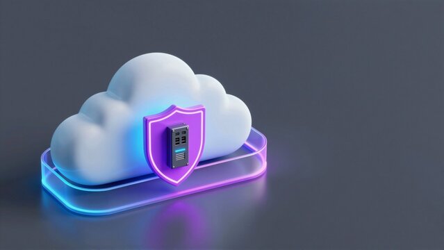 rendering cloud purple shield top cloud white fluffy placed blue purple circular platform shield rectangular shape has small black device attached which appears lock keypad background dark grey color