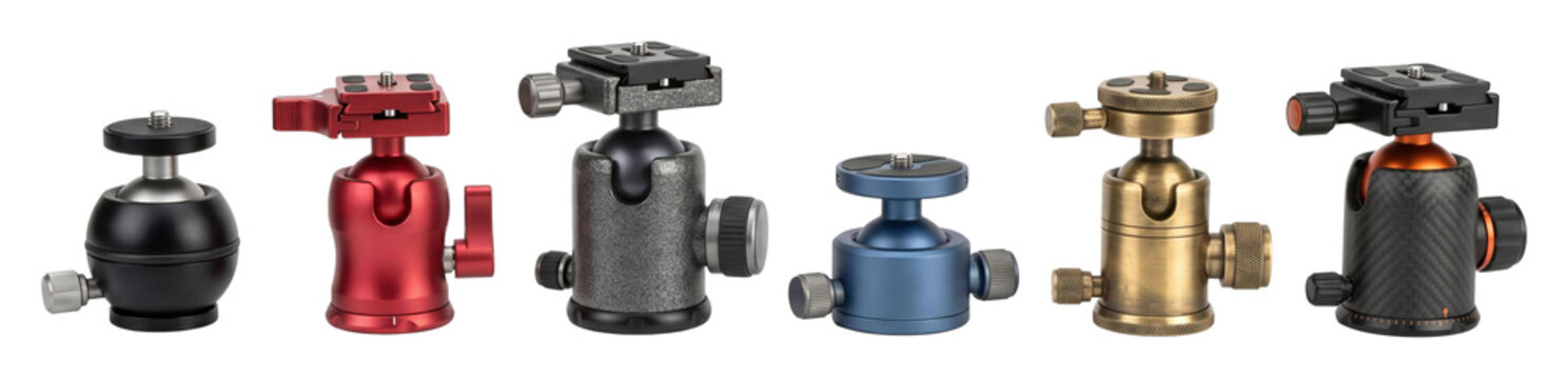 Diverse collection of professional camera tripod ball heads in multiple colors and finishes, including red, blue, bronze, and carbon fiber, displayed in a side-by-side lineup