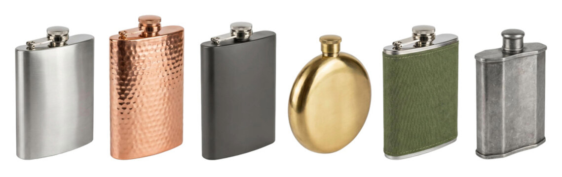 Diverse collection of six hip flasks for liquor, showcasing various designs from classic stainless steel to modern matte black and rustic hammered copper