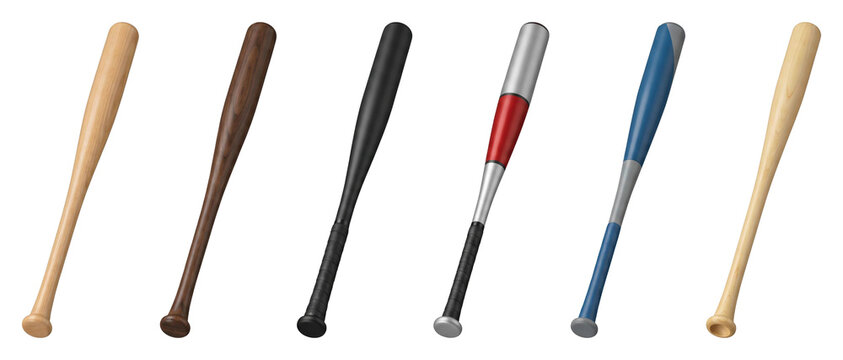 Six different baseball bats in a row, a collection of wooden and aluminum sporting equipment with various colors and designs for professional league games