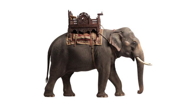 Asian elephant standing naturally, viewed from the side, with a traditional wooden howdah (elephant riding basket) securely placed on its back,8K, high detail, PNG with transparent background.