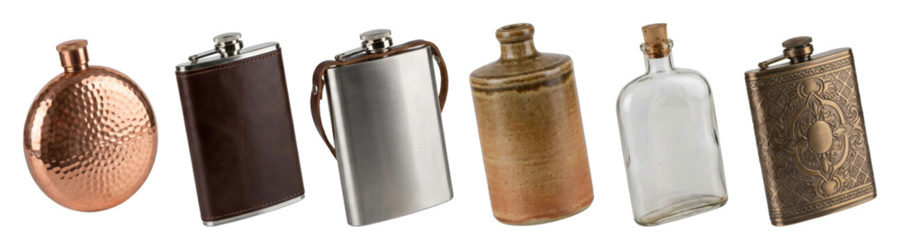 Six assorted hip flasks and bottles in a row, featuring hammered copper, brown leather, brushed steel, antique ceramic, clear glass, and ornate bronze designs for carrying spirits
