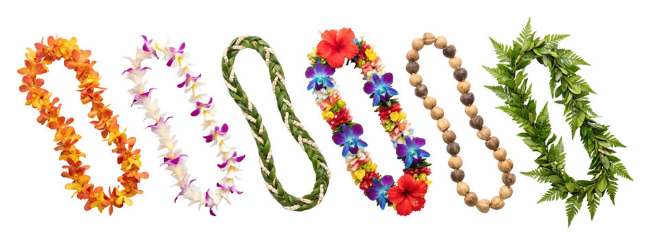 Collection of six traditional tropical leis with colorful orchids, hibiscus, braided leaves, and kukui nuts, arranged in a vibrant assortment for a festive welcome or celebration