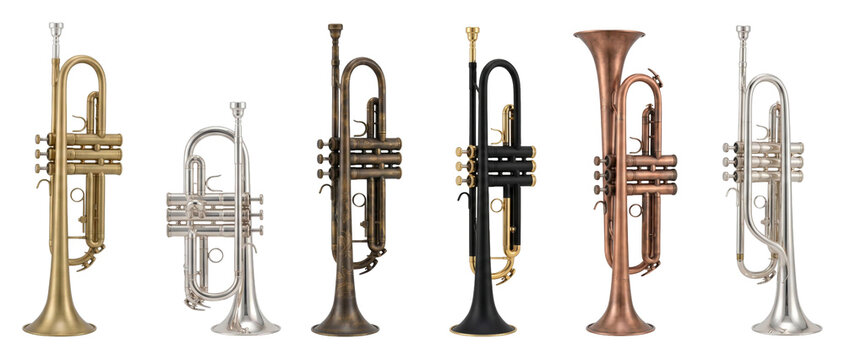 Beautiful collection of six brass instruments, including trumpets, a cornet, and a flugelhorn, showcasing a variety of metal finishes from gold and silver to matte black and copper