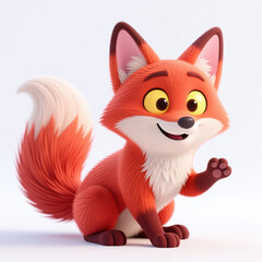 Naklejka premium Vibrant orange fox with white chest and tail, raised paw, and cheerful expression on plain white background, showcasing smooth, detailed fur texture and bright colors in stylized animation style.