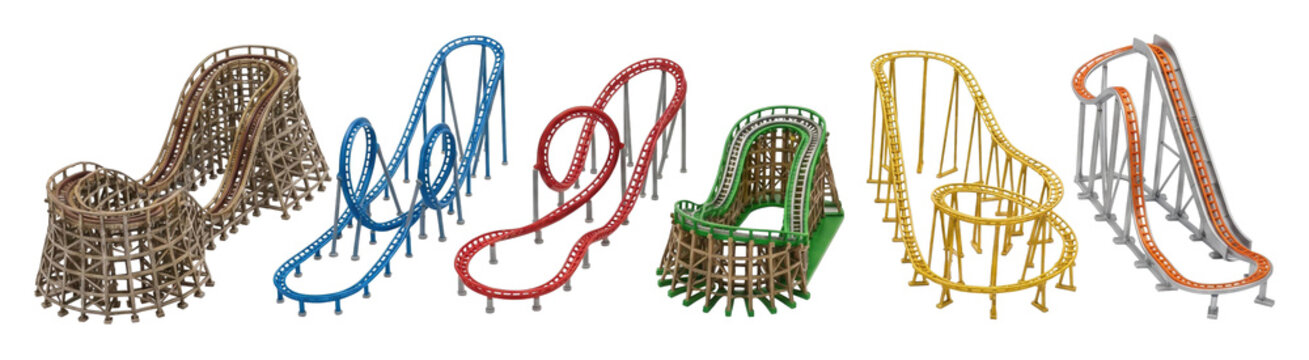Collection of six colorful roller coaster models featuring various designs from wooden to steel structures, showcasing different track layouts with loops, hills, and turns