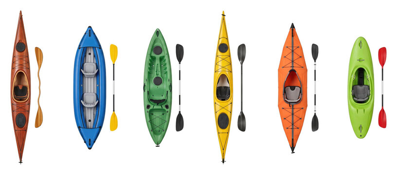 Collection of colorful kayaks and paddles of different types and materials are arranged in a row from a top-down perspective, showcasing various designs for water sports and recreation