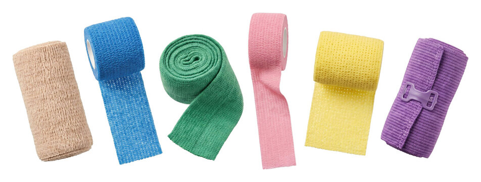Colorful medical elastic and cohesive bandage rolls in a vibrant collection showing various textures for first aid, injury support, and sports medicine