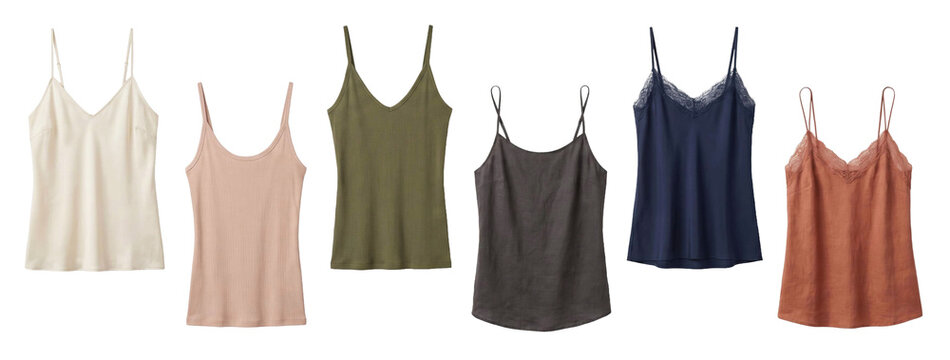 Collection of women's camisole tank tops in various neutral colors and materials like ribbed knit, satin, and linen with delicate lace details, showcasing a basic wardrobe assortment