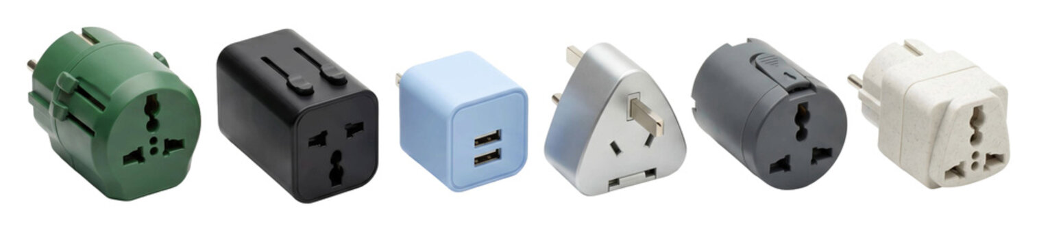 Six colorful universal travel plug adapters in a row, showcasing a variety of designs with international socket types for global tourism and business trips
