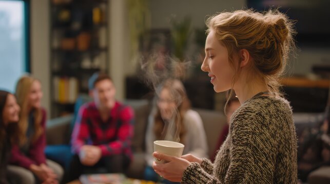 A female therapist handing a cup of tea to a shy teenager in the group, the others are chatting quietly, a scene of hospitality and care, warm steam rising from the cup