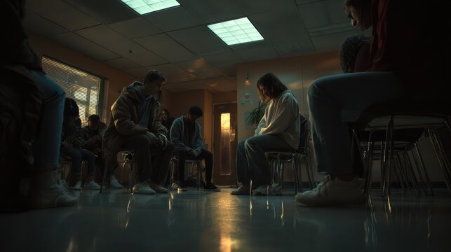 A quiet moment where the whole group is silent, thinking, the therapist is waiting patiently, capturing the atmosphere of reflection, diverse teens looking at the floor or ceiling