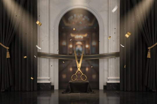 Luxury ribbon cutting scene with gold scissors and marble archway