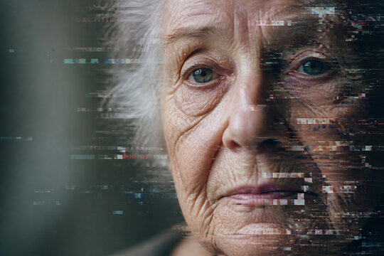An elderly woman's face is shown with a digital glitch or pixelation effect.