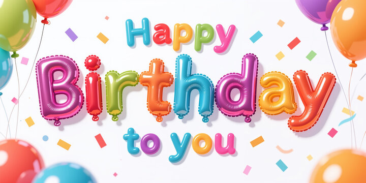Vibrant illustration for birthday celebration with shiny balloons and confetti on a white background, showcasing a festive and joyful holiday atmosphere in a digital art style.