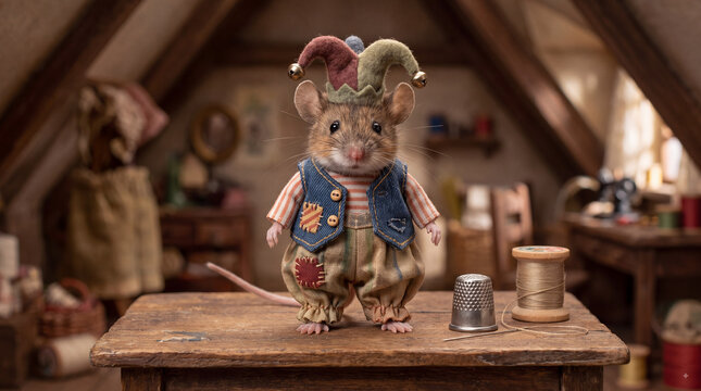 Whimsical Mouse Tailor: A charming, anthropomorphic mouse, dressed in a jester-inspired outfit, stands proudly in a vintage tailor's workshop, surrounded by spools of thread and sewing notions.