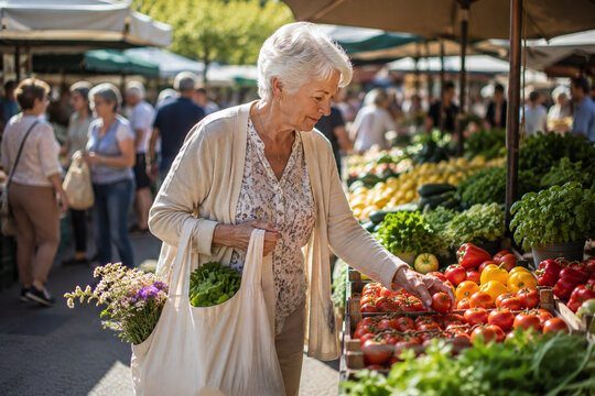 Senior Woman Shopping for Fresh Vegetables at Local Farmers Market