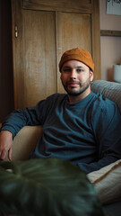 Fototapeta premium Young Latino man sitting on his sofa and looking directly at the camera, creating a natural and approachable portrait in a comfortable home setting.