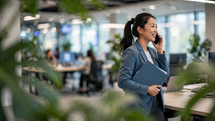 Fototapeta premium Businesswoman walking through office while on phone