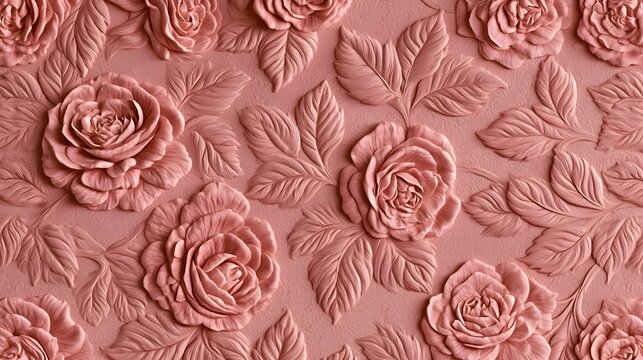 A dusty rose textured background featuring an elegant embossed floral pattern of roses and leaves. Stock Illustration