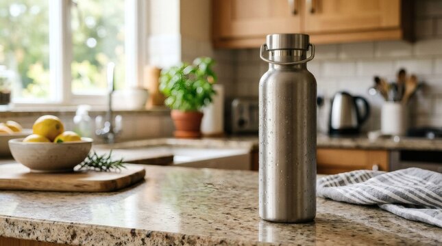 Metal water bottle on granite kitchen counter with lemons with condensation covered metal granite countertop kitchen tools sustainable hydration